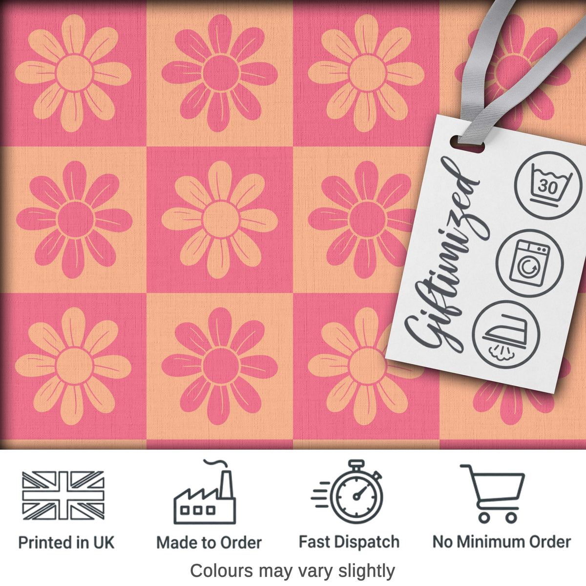 Daisy Flower Checkerboard Pink Peach Seamless Pattern Digital Print Fabric by the Metre UK Sewing Quilting Textile