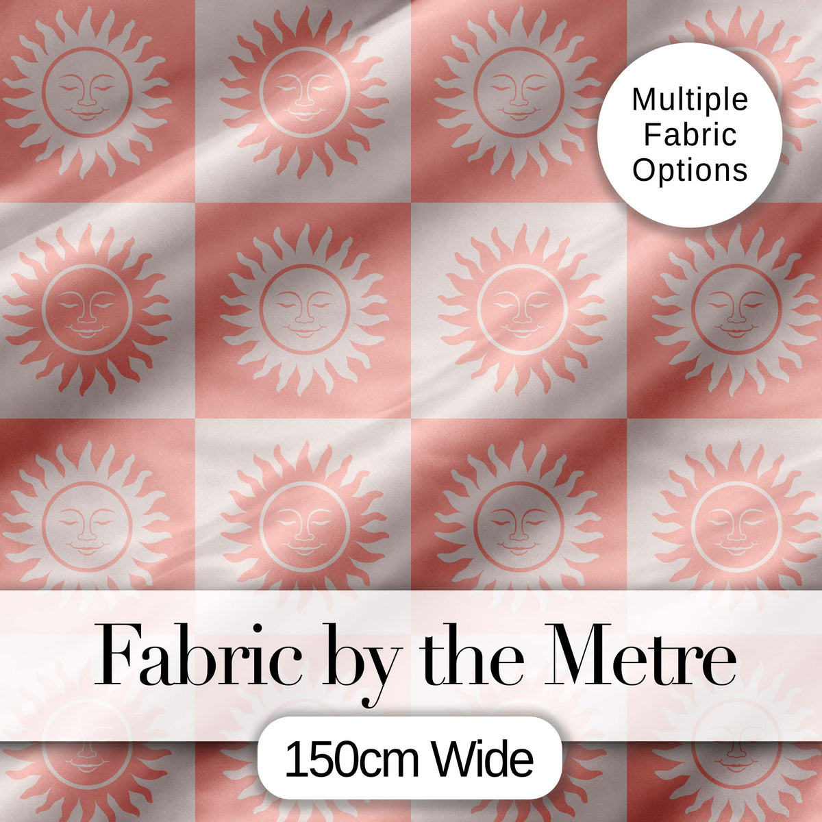 Sun Face Checkerboard Peach Cream Seamless Pattern Digital Print Fabric by the Metre UK Sewing Quilting Textile