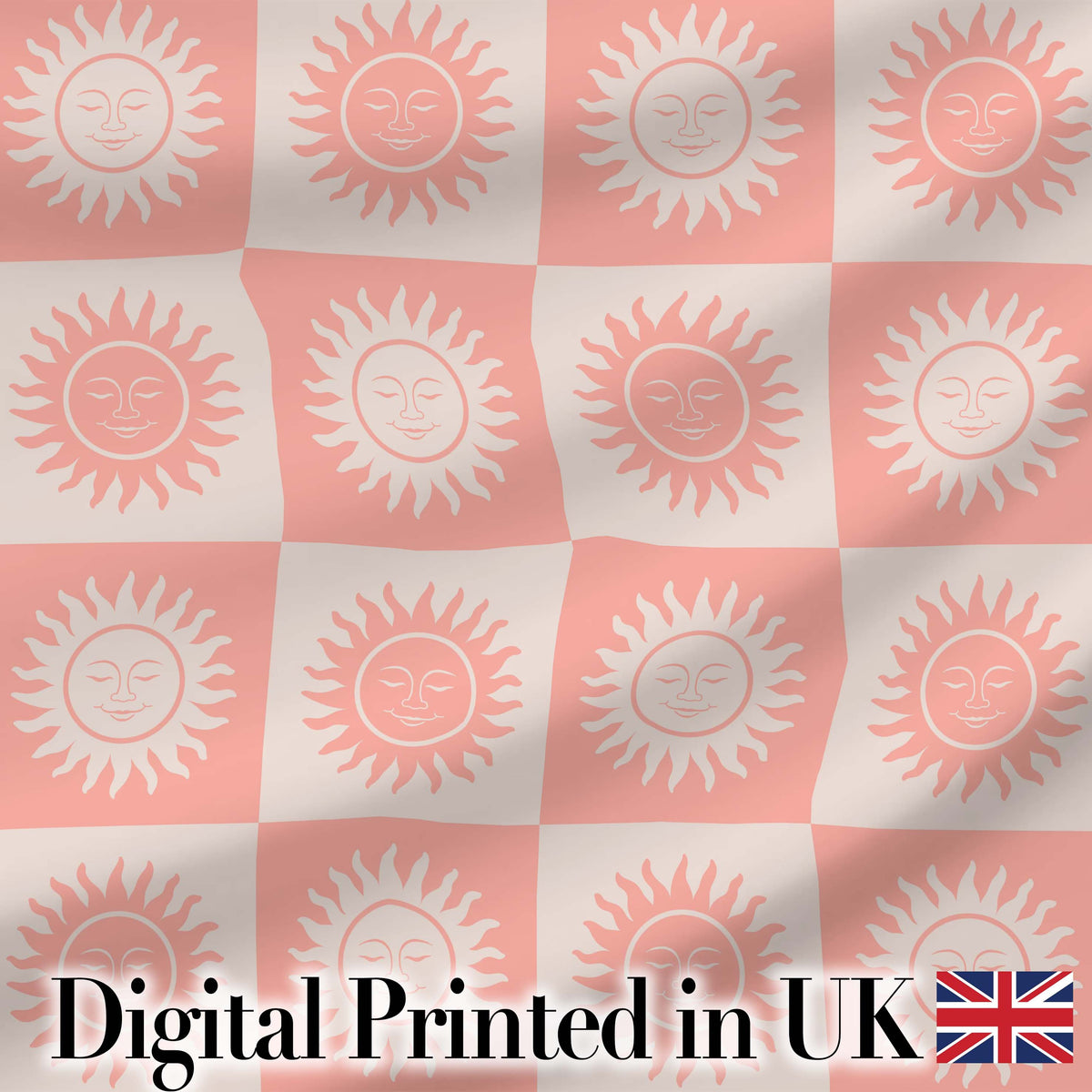 Sun Face Checkerboard Peach Cream Seamless Pattern Digital Print Fabric by the Metre UK Sewing Quilting Textile