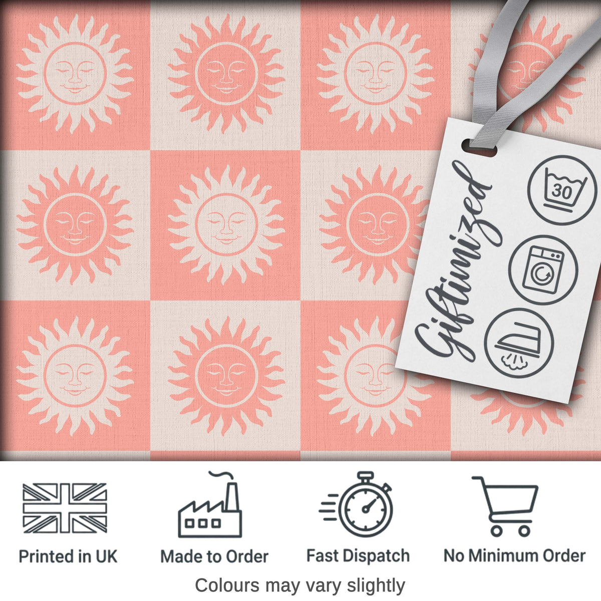 Sun Face Checkerboard Peach Cream Seamless Pattern Digital Print Fabric by the Metre UK Sewing Quilting Textile