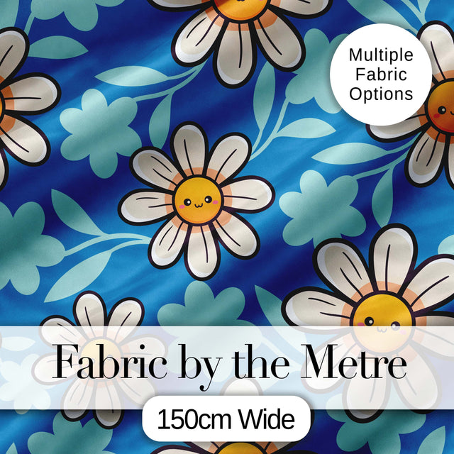 Cute Kawaii Daisy Flowers on Deep Blue Background Seamless Pattern Digital Print Fabric by the Metre UK Sewing Quilting Textile