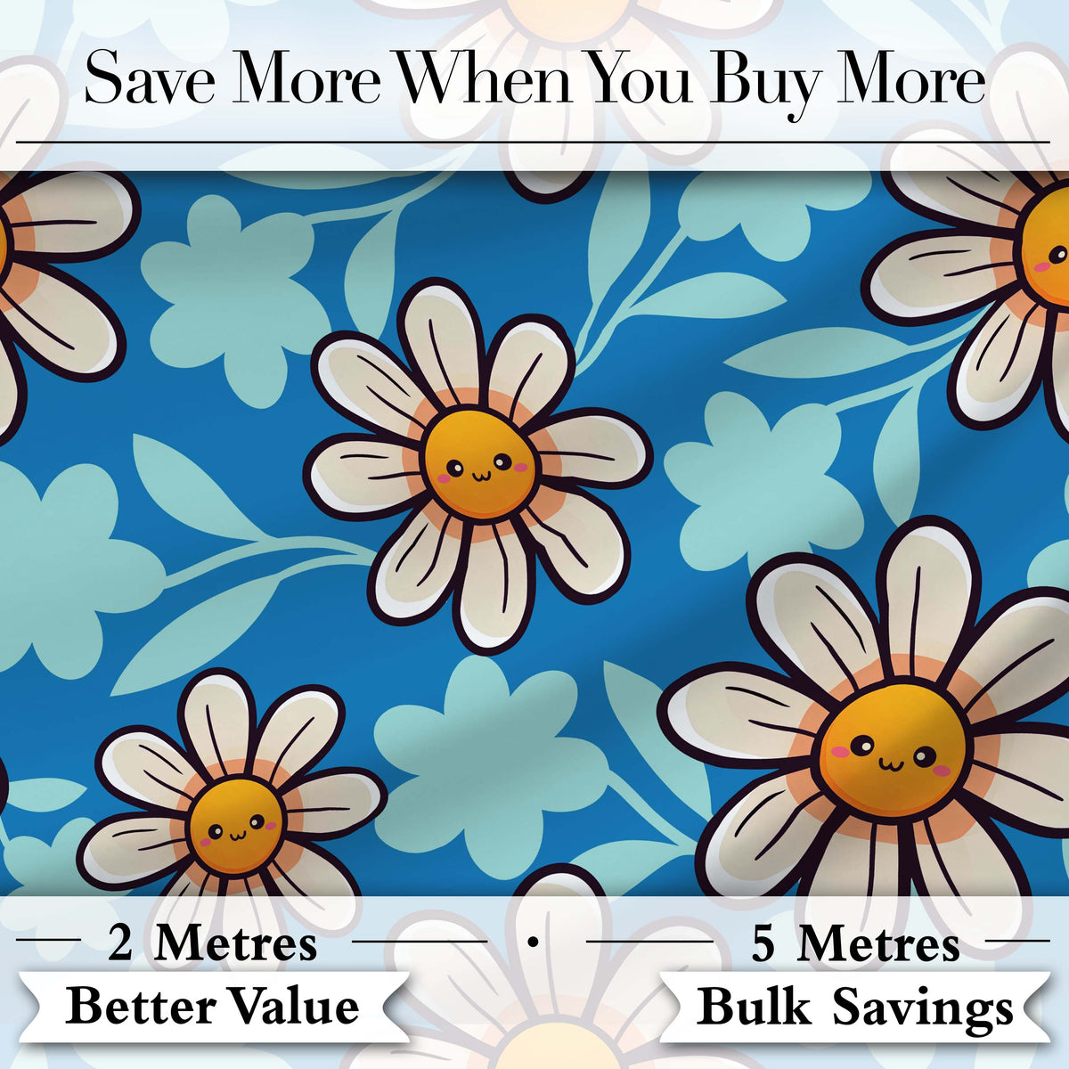 Cute Kawaii Daisy Flowers on Deep Blue Background Seamless Pattern Digital Print Fabric by the Metre UK Sewing Quilting Textile