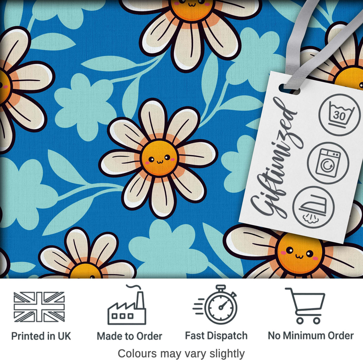 Cute Kawaii Daisy Flowers on Deep Blue Background Seamless Pattern Digital Print Fabric by the Metre UK Sewing Quilting Textile
