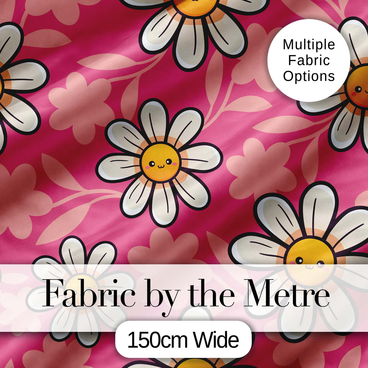 Cute Kawaii Daisy Flowers on Pink Background Seamless Pattern Digital Print Fabric by the Metre UK Sewing Quilting Textile