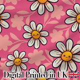 Cute Kawaii Daisy Flowers on Pink Background Seamless Pattern Digital Print Fabric by the Metre UK Sewing Quilting Textile