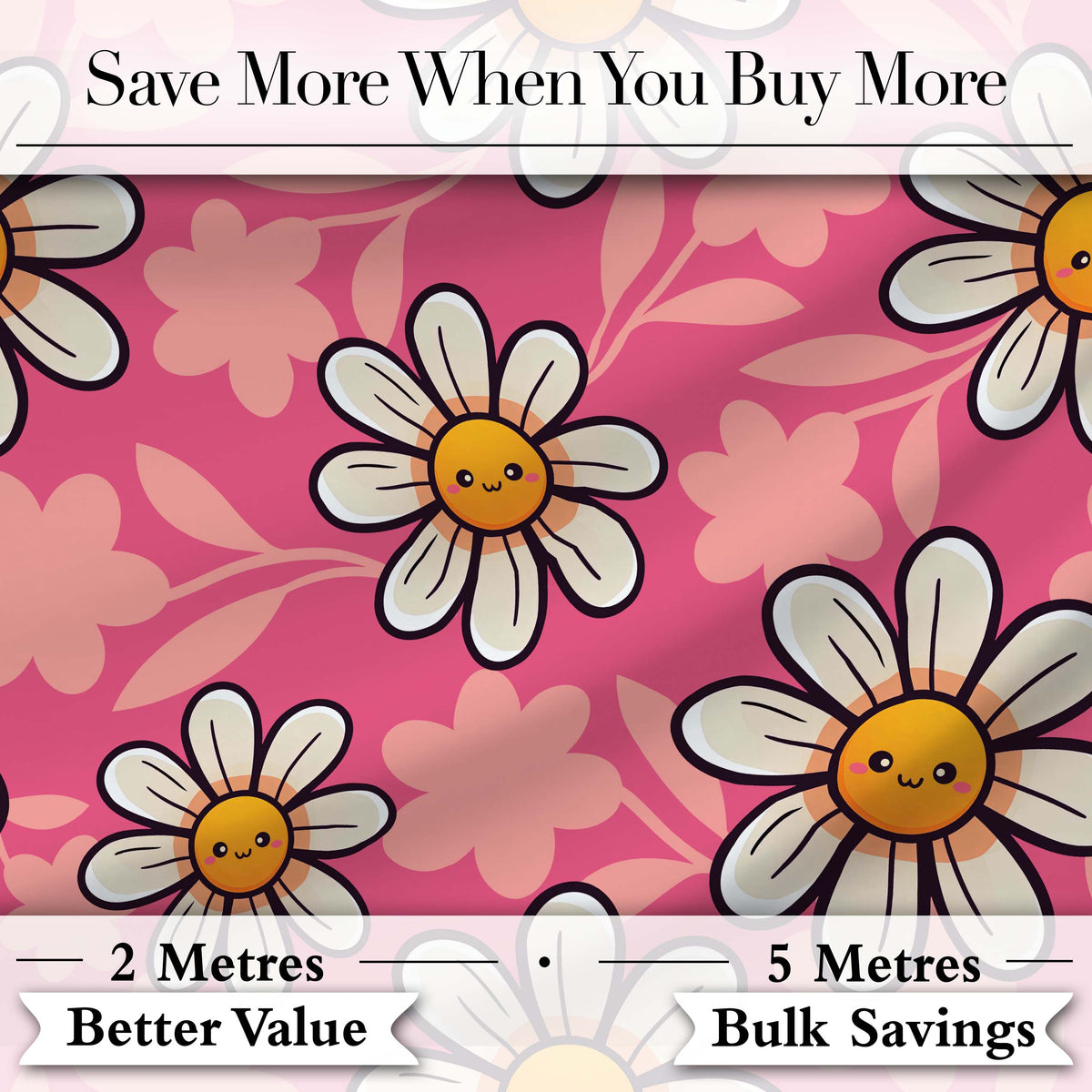Cute Kawaii Daisy Flowers on Pink Background Seamless Pattern Digital Print Fabric by the Metre UK Sewing Quilting Textile