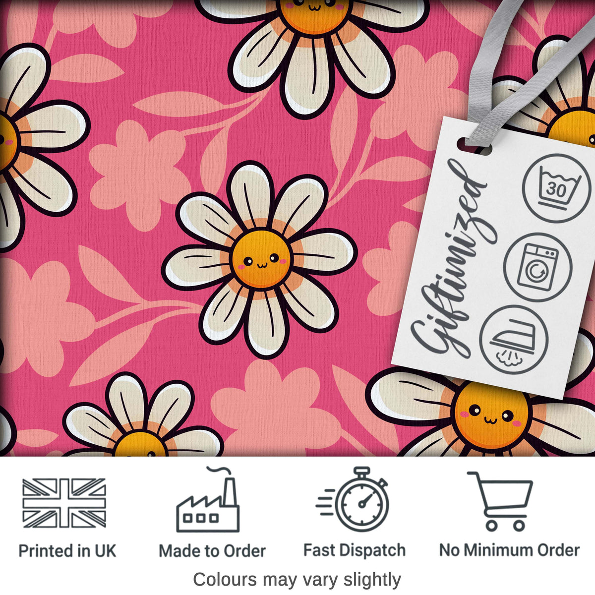 Cute Kawaii Daisy Flowers on Pink Background Seamless Pattern Digital Print Fabric by the Metre UK Sewing Quilting Textile