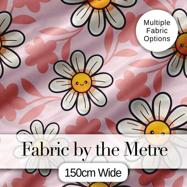 Cute Kawaii Daisy Flowers with Soft Peach Background Seamless Pattern Digital Print Fabric by the Metre UK Sewing Quilting Textile