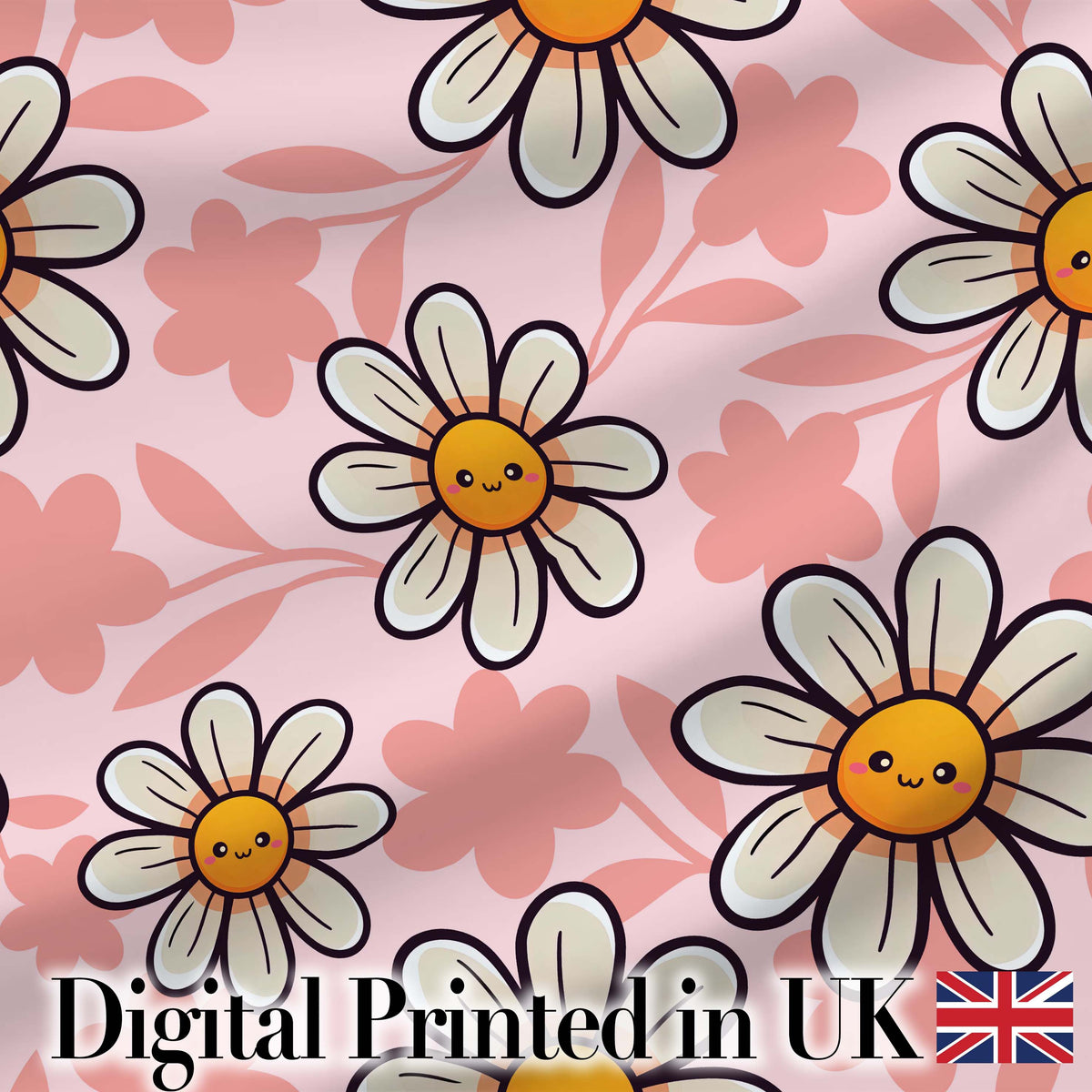 Cute Kawaii Daisy Flowers with Soft Peach Background Seamless Pattern Digital Print Fabric by the Metre UK Sewing Quilting Textile