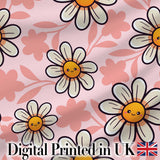 Cute Kawaii Daisy Flowers with Soft Peach Background Seamless Pattern Digital Print Fabric by the Metre UK Sewing Quilting Textile