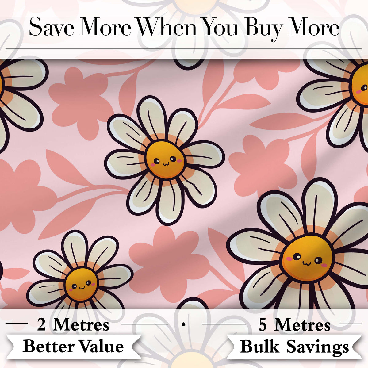 Cute Kawaii Daisy Flowers with Soft Peach Background Seamless Pattern Digital Print Fabric by the Metre UK Sewing Quilting Textile