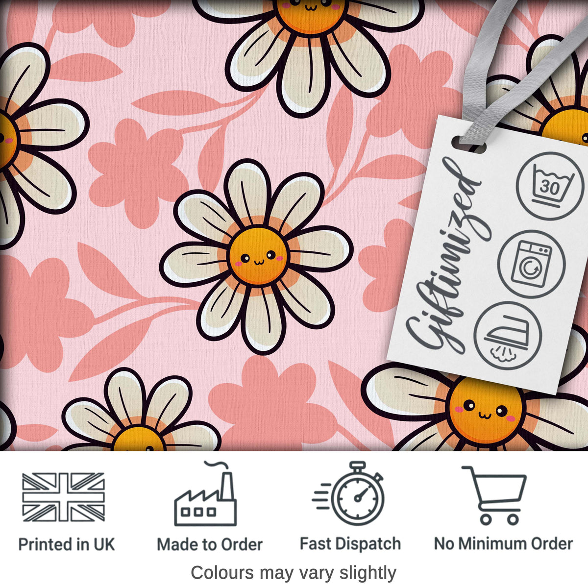 Cute Kawaii Daisy Flowers with Soft Peach Background Seamless Pattern Digital Print Fabric by the Metre UK Sewing Quilting Textile