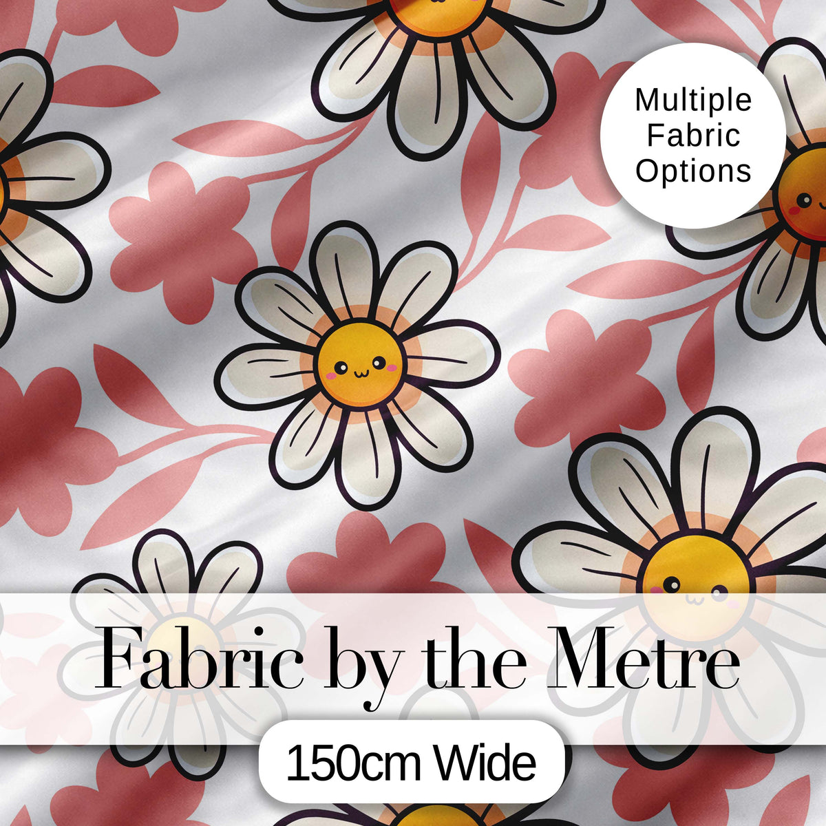 Cute Kawaii Daisy Flowers with White Background Seamless Pattern Digital Print Fabric by the Metre UK Sewing Quilting Textile