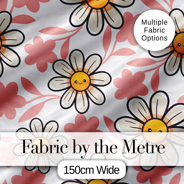 Cute Kawaii Daisy Flowers with White Background Seamless Pattern Digital Print Fabric by the Metre UK Sewing Quilting Textile