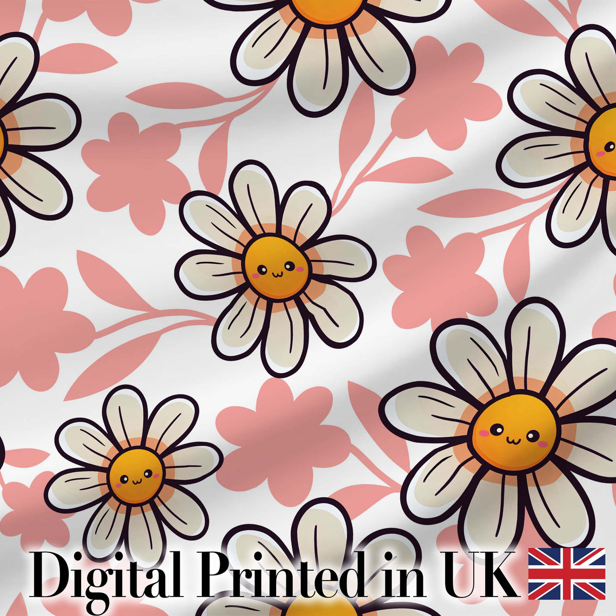Cute Kawaii Daisy Flowers with White Background Seamless Pattern Digital Print Fabric by the Metre UK Sewing Quilting Textile