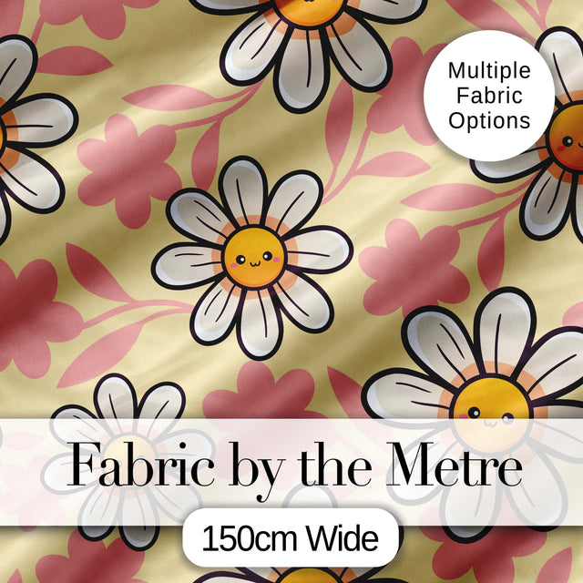 Cute Kawaii Daisy Flowers with Yellow Background Seamless Pattern Digital Print Fabric by the Metre UK Sewing Quilting Textile