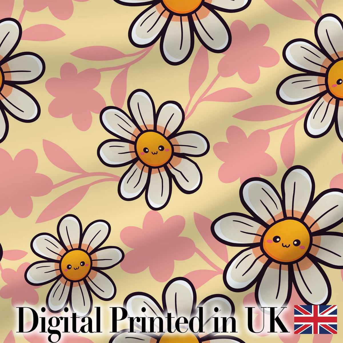Cute Kawaii Daisy Flowers with Yellow Background Seamless Pattern Digital Print Fabric by the Metre UK Sewing Quilting Textile