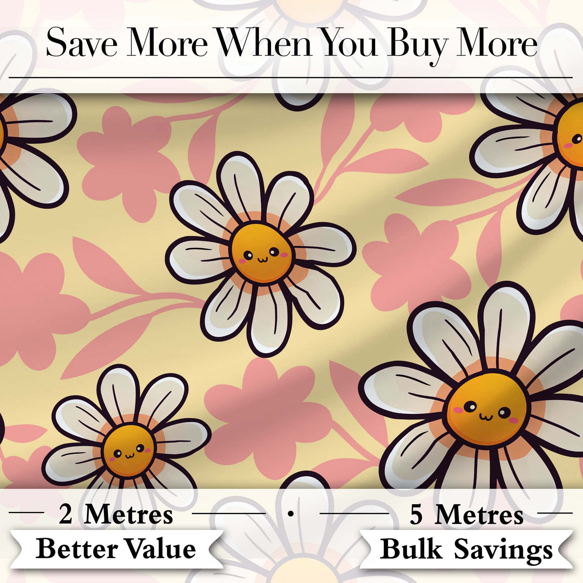 Cute Kawaii Daisy Flowers with Yellow Background Seamless Pattern Digital Print Fabric by the Metre UK Sewing Quilting Textile