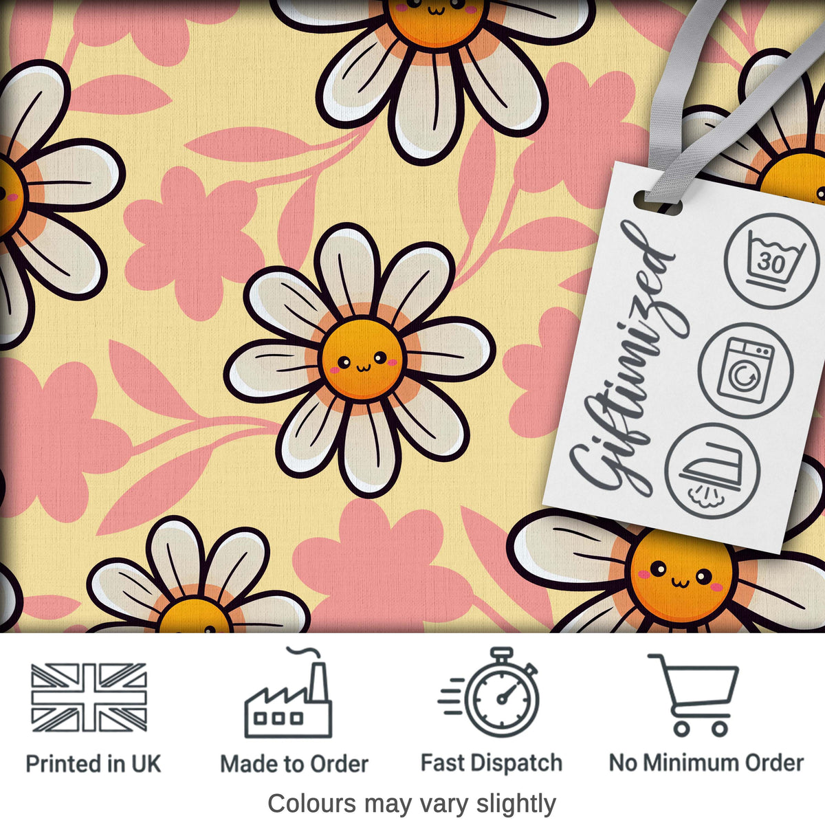 Cute Kawaii Daisy Flowers with Yellow Background Seamless Pattern Digital Print Fabric by the Metre UK Sewing Quilting Textile