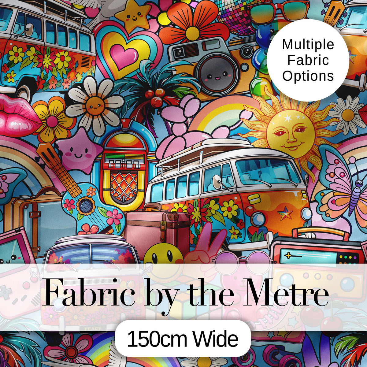 Cute  Hippie Rainbow Toys Collage Seamless Pattern Digital Print Fabric by the Metre UK Sewing Quilting Textile