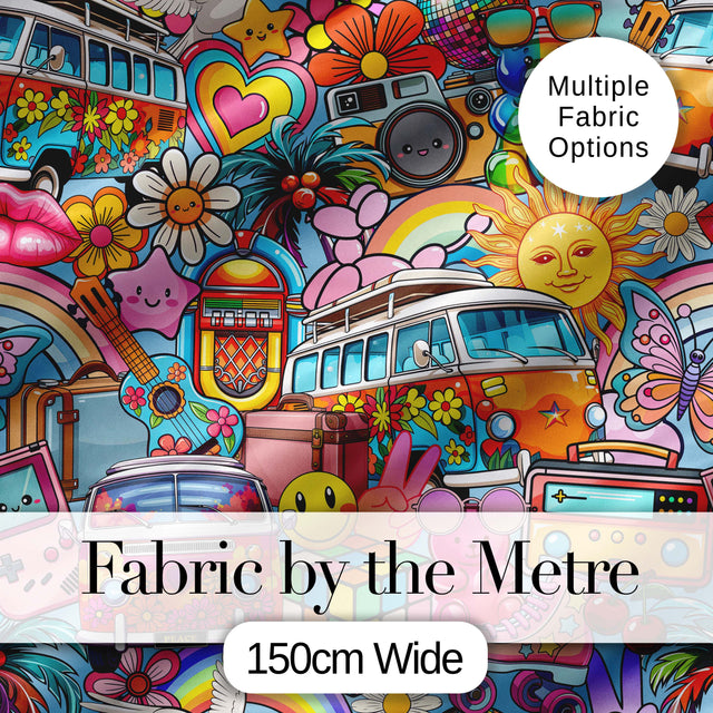 Cute  Hippie Rainbow Toys Collage Seamless Pattern Digital Print Fabric by the Metre UK Sewing Quilting Textile