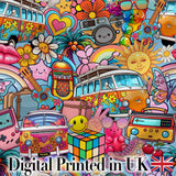 Cute  Hippie Rainbow Toys Collage Seamless Pattern Digital Print Fabric by the Metre UK Sewing Quilting Textile