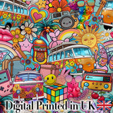 Cute  Hippie Van Rainbow Toys Collage Seamless Pattern Digital Print Fabric by the Metre UK Sewing Quilting Textile
