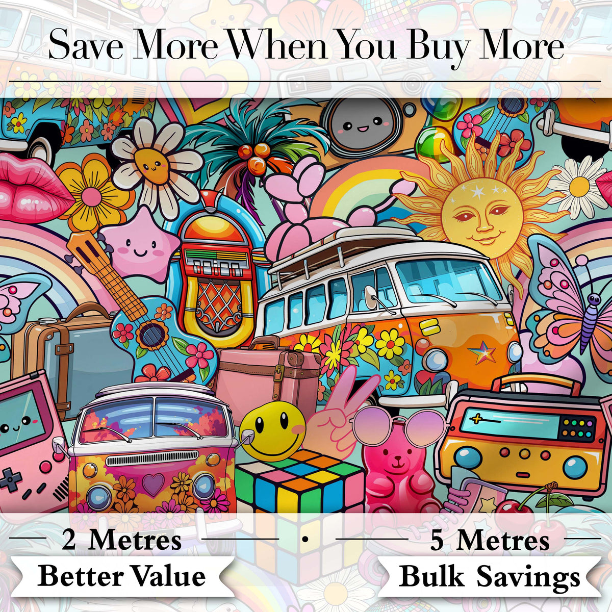 Cute  Hippie Van Rainbow Toys Collage Seamless Pattern Digital Print Fabric by the Metre UK Sewing Quilting Textile
