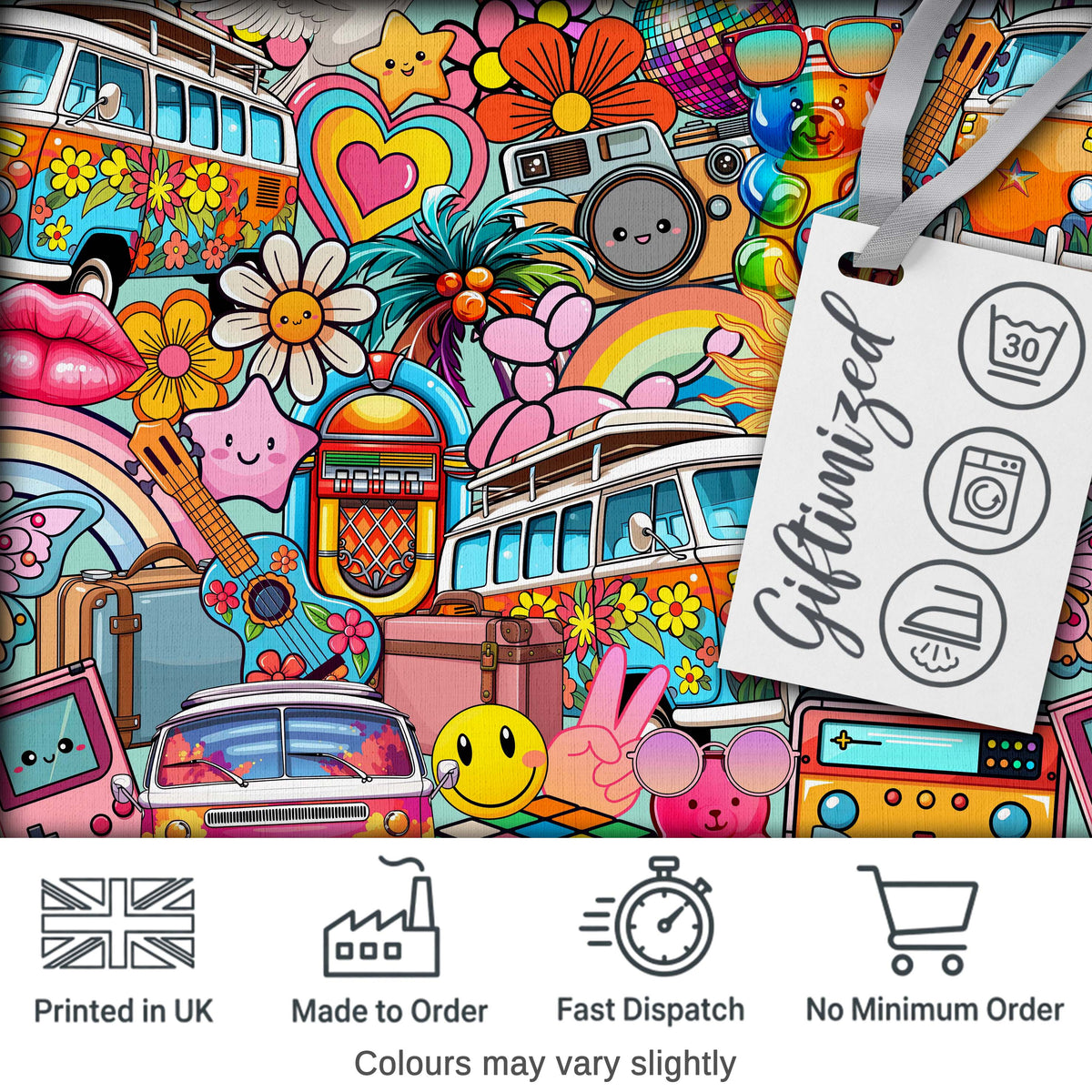 Cute  Hippie Van Rainbow Toys Collage Seamless Pattern Digital Print Fabric by the Metre UK Sewing Quilting Textile