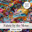 Cute  Hippie Van Rainbow Toys Collage Blue Background Seamless Pattern Digital Print Fabric by the Metre UK Sewing Quilting Textile