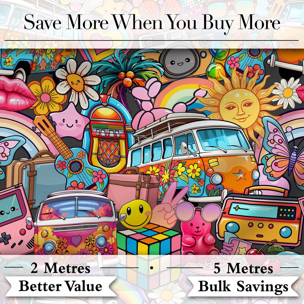 Cute  Hippie Van Rainbow Toys Collage Blue Background Seamless Pattern Digital Print Fabric by the Metre UK Sewing Quilting Textile