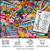 Cute  Hippie Van Rainbow Toys Collage Blue Background Seamless Pattern Digital Print Fabric by the Metre UK Sewing Quilting Textile