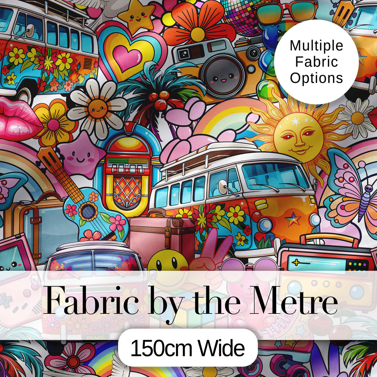 Cute  Hippie Van Rainbow Toys Collage Beige Background Seamless Pattern Digital Print Fabric by the Metre UK Sewing Quilting Textile