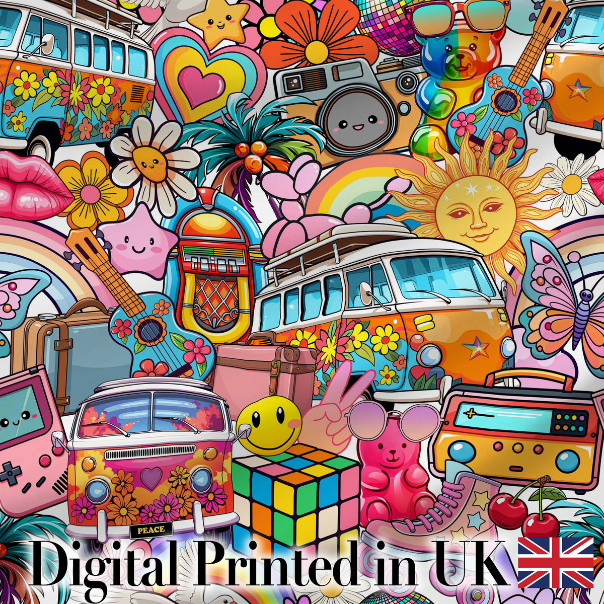 Cute  Hippie Van Rainbow Toys Collage Beige Background Seamless Pattern Digital Print Fabric by the Metre UK Sewing Quilting Textile
