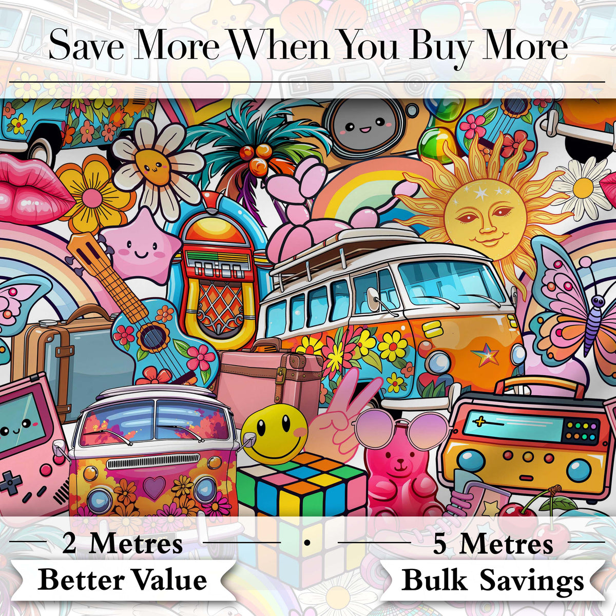 Cute  Hippie Van Rainbow Toys Collage Beige Background Seamless Pattern Digital Print Fabric by the Metre UK Sewing Quilting Textile