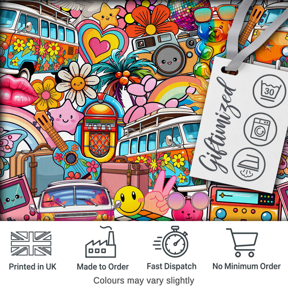 Cute  Hippie Van Rainbow Toys Collage Beige Background Seamless Pattern Digital Print Fabric by the Metre UK Sewing Quilting Textile