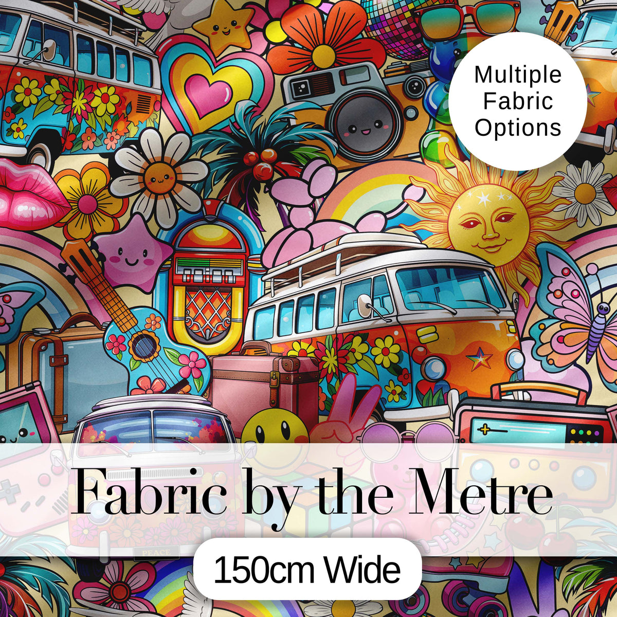 Hippie Van Rainbow Toys Collage Light Yellow Background Seamless Pattern Digital Print Fabric by the Metre UK Sewing Quilting Textile