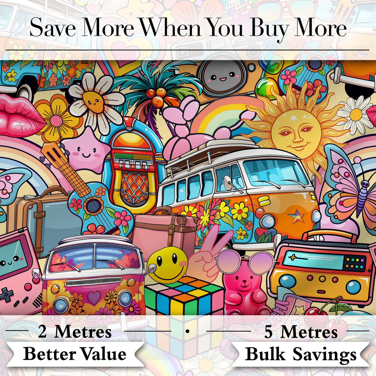 Hippie Van Rainbow Toys Collage Light Yellow Background Seamless Pattern Digital Print Fabric by the Metre UK Sewing Quilting Textile