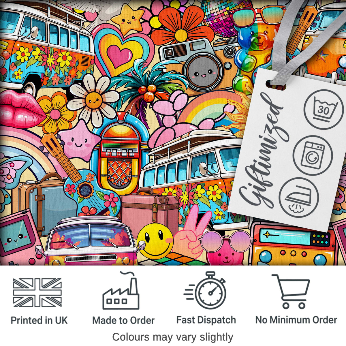 Hippie Van Rainbow Toys Collage Light Yellow Background Seamless Pattern Digital Print Fabric by the Metre UK Sewing Quilting Textile