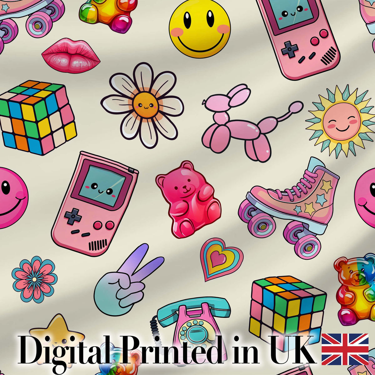 Toys  Smiley  Roller Skate Cream Background Seamless Pattern Digital Print Fabric by the Metre UK Sewing Quilting Textile