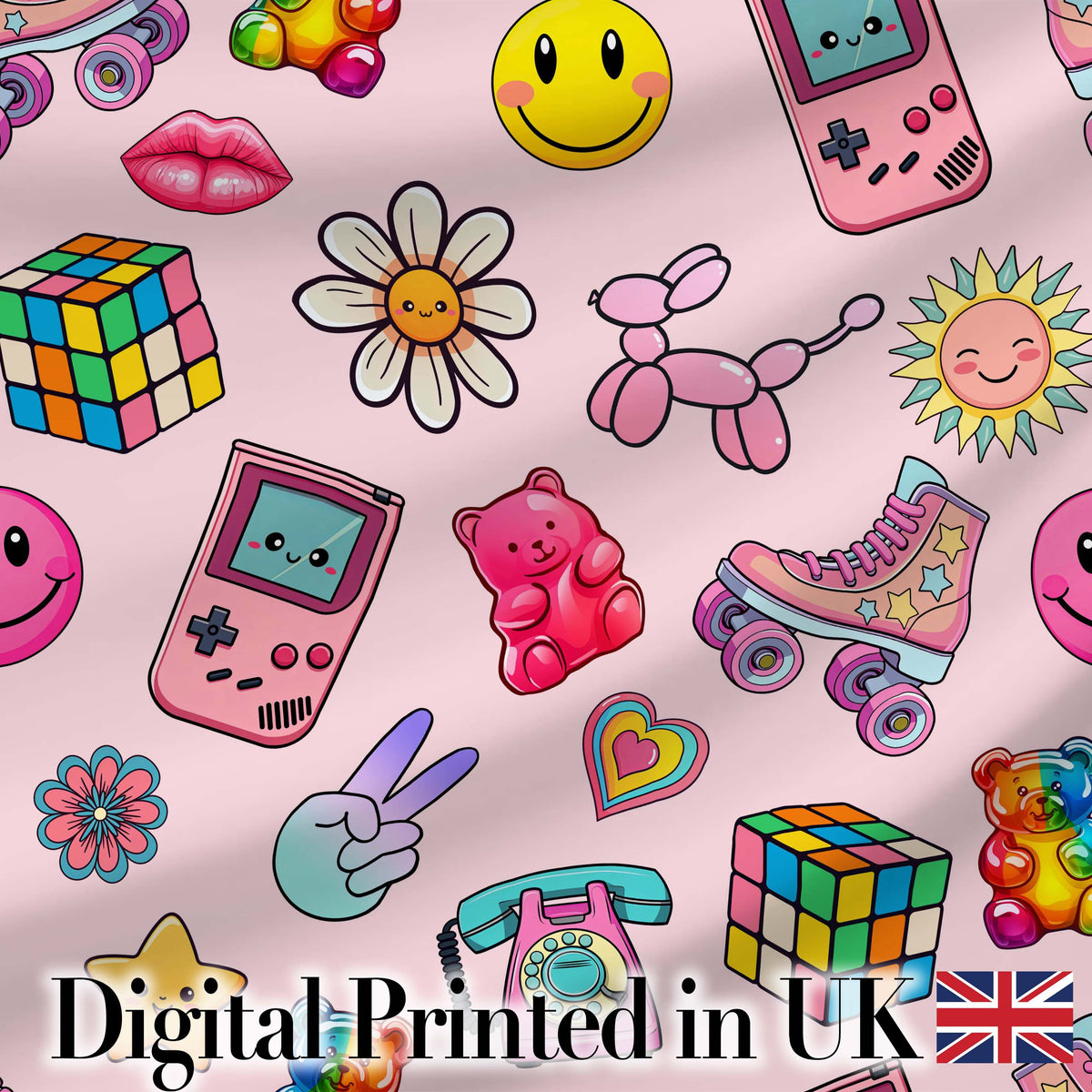 Toys  Smiley  Roller Skate Pink Background Seamless Pattern Digital Print Fabric by the Metre UK Sewing Quilting Textile