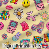 Gummy Bear Rainbow Roller Skate  Lightning Yellow Background Seamless Pattern Digital Print Fabric by the Metre UK Sewing Quilting Textile