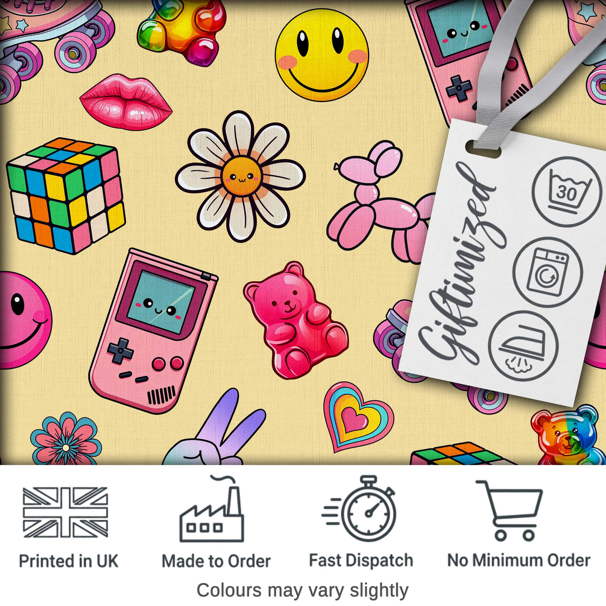 Gummy Bear Rainbow Roller Skate  Lightning Yellow Background Seamless Pattern Digital Print Fabric by the Metre UK Sewing Quilting Textile