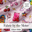 Cute Kawaii Gummy Bear Cherry Rainbow Roller Skate Pink Background Seamless Digital Print Fabric by the Metre UK Sewing Quilting Textile
