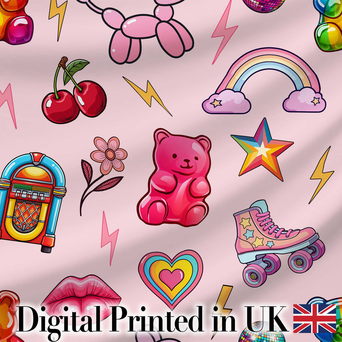Cute Kawaii Gummy Bear Cherry Rainbow Roller Skate Pink Background Seamless Digital Print Fabric by the Metre UK Sewing Quilting Textile