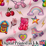 Cute Kawaii Gummy Bear Cherry Rainbow Roller Skate Pink Background Seamless Digital Print Fabric by the Metre UK Sewing Quilting Textile