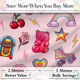 Cute Kawaii Gummy Bear Cherry Rainbow Roller Skate Pink Background Seamless Digital Print Fabric by the Metre UK Sewing Quilting Textile