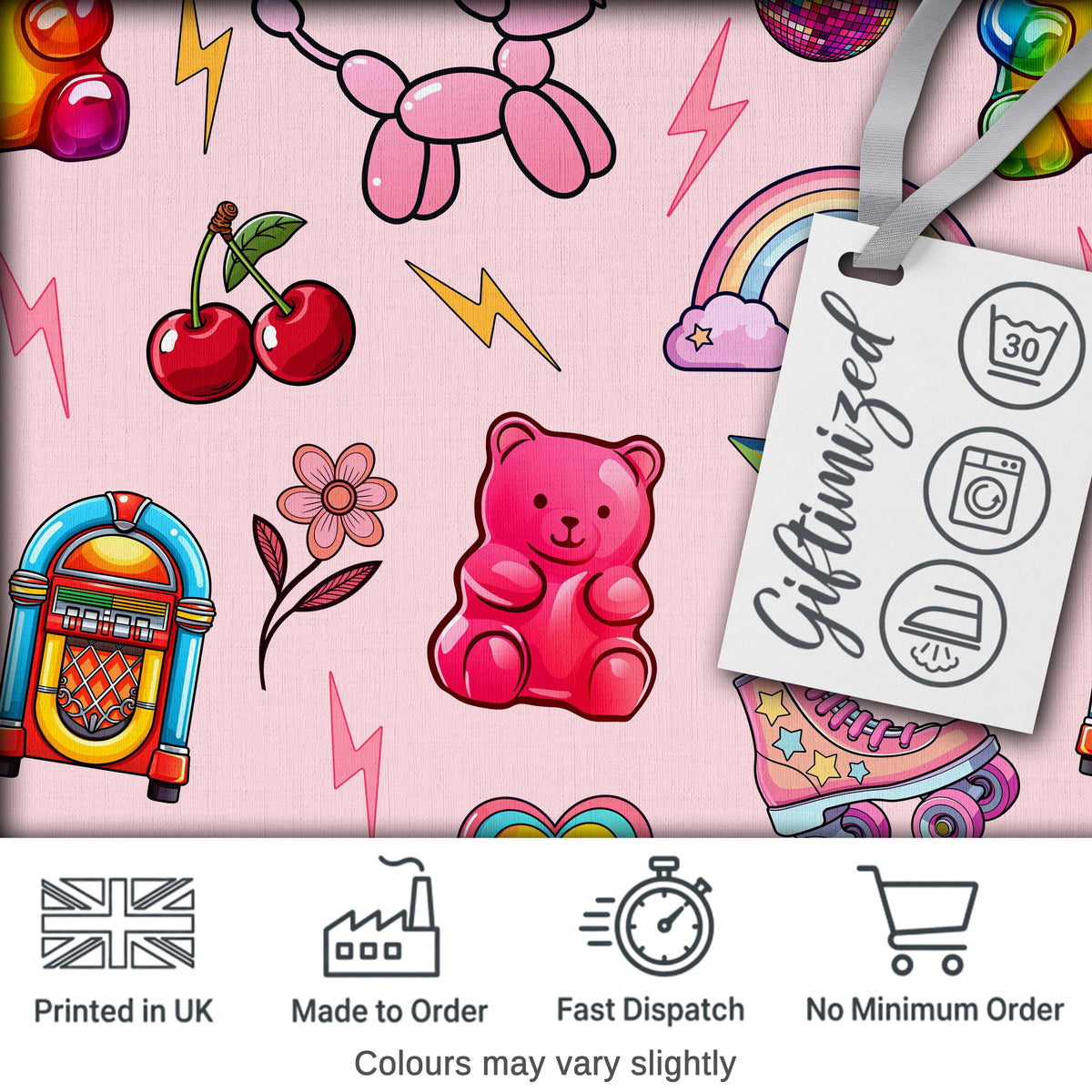 Cute Kawaii Gummy Bear Cherry Rainbow Roller Skate Pink Background Seamless Digital Print Fabric by the Metre UK Sewing Quilting Textile