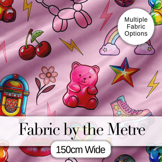 Gummy Bear Cherry Rainbow Roller Skate Light Pink Background Seamless Digital Print Fabric by the Metre UK Sewing Quilting Textile