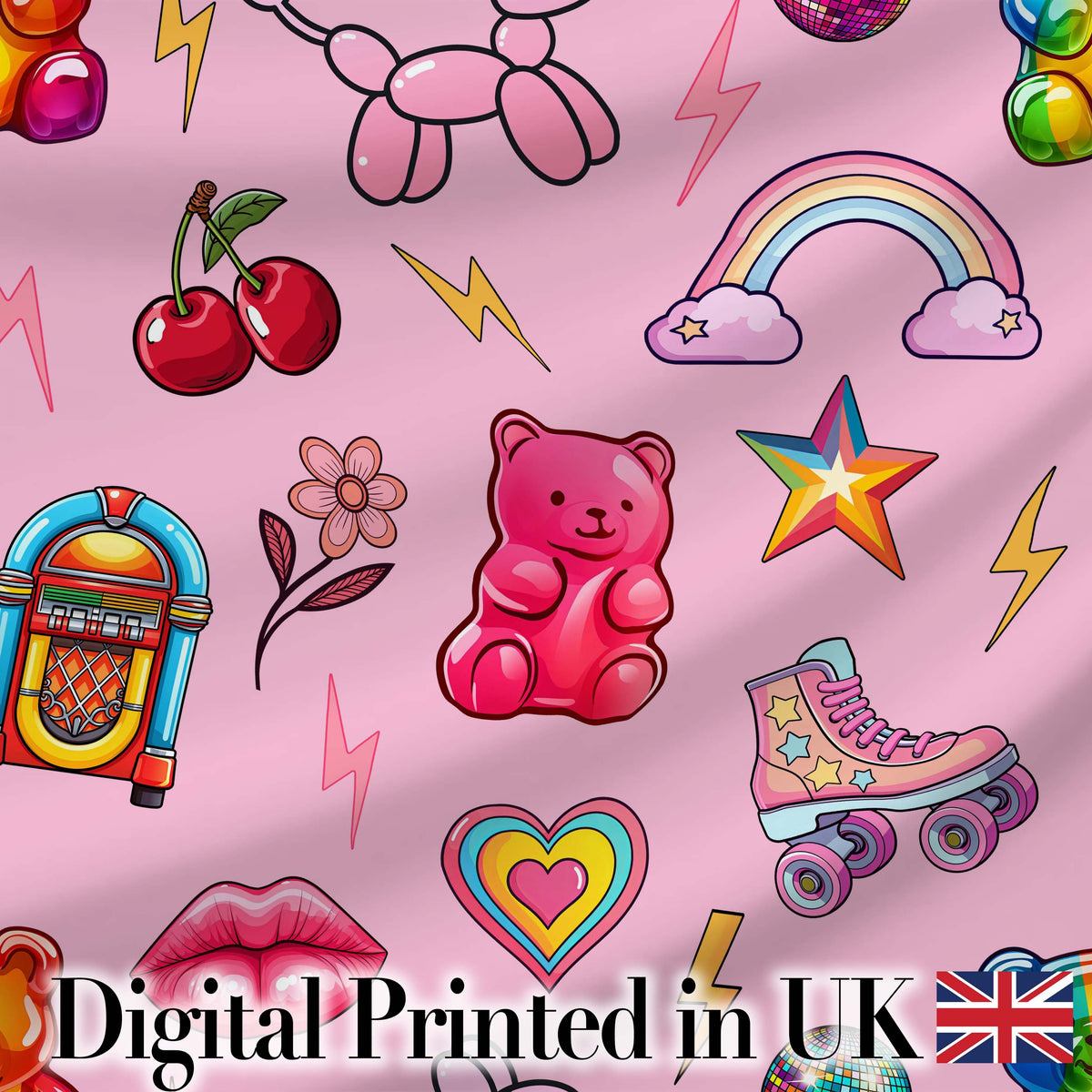 Gummy Bear Cherry Rainbow Roller Skate Light Pink Background Seamless Digital Print Fabric by the Metre UK Sewing Quilting Textile
